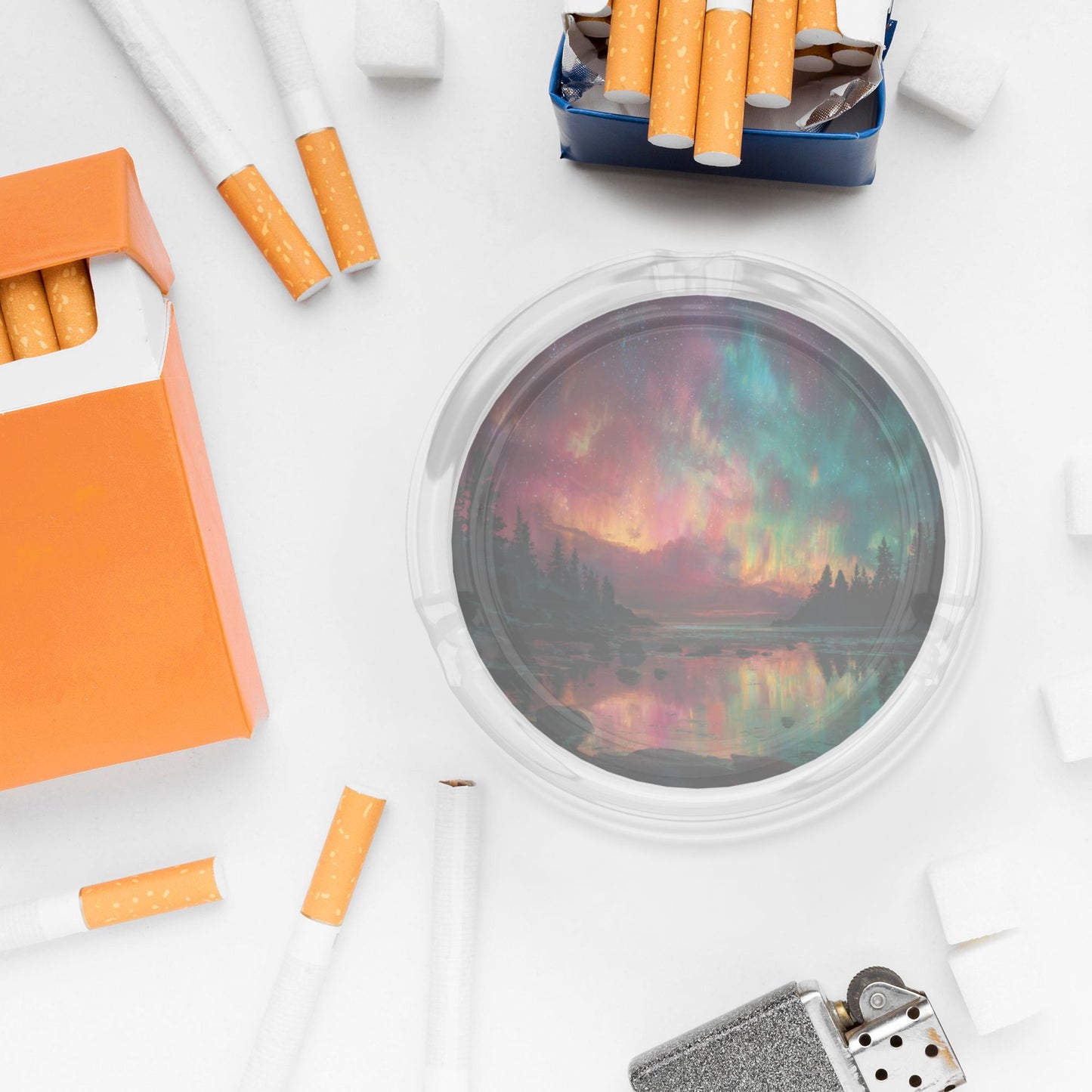 Aurora-Themed Round Glass Ashtray|Heat-Resistant Transparent Glass with Cigarette Grooves|Decorative & Functional for Home and Office