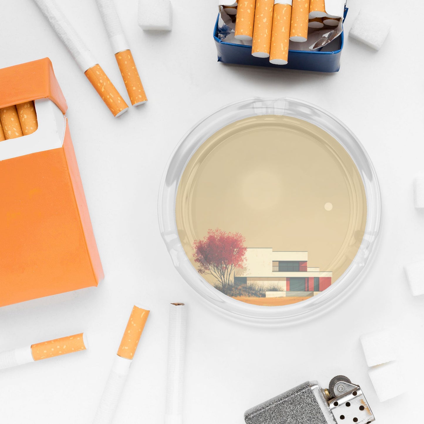 Modern Architecture Style Round Glass Ashtray|High-Transparency Heat-Resistant Ashtray with 3 Grooves|Functional & Decorative for Home or Office