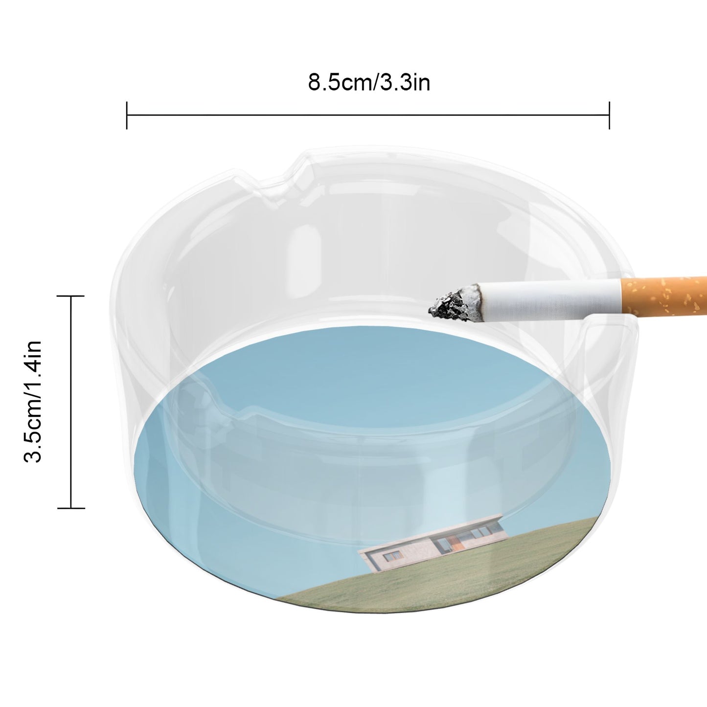 Minimalist Blue Sky Glass Ashtray|Round Clear Heat-Resistant Design with 3 Grooves|Scenic Illustration for Home or Office