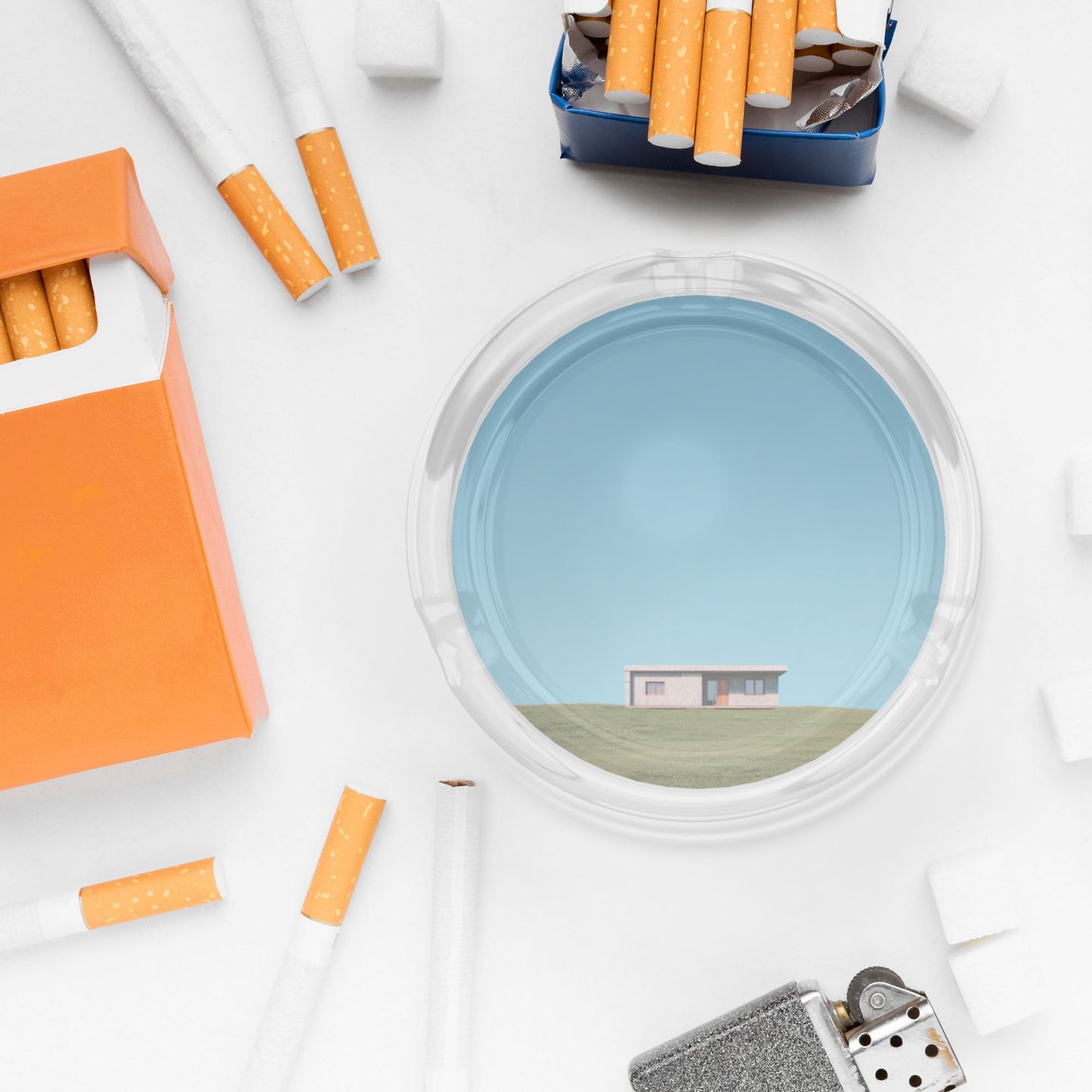 Minimalist Blue Sky Glass Ashtray|Round Clear Heat-Resistant Design with 3 Grooves|Scenic Illustration for Home or Office