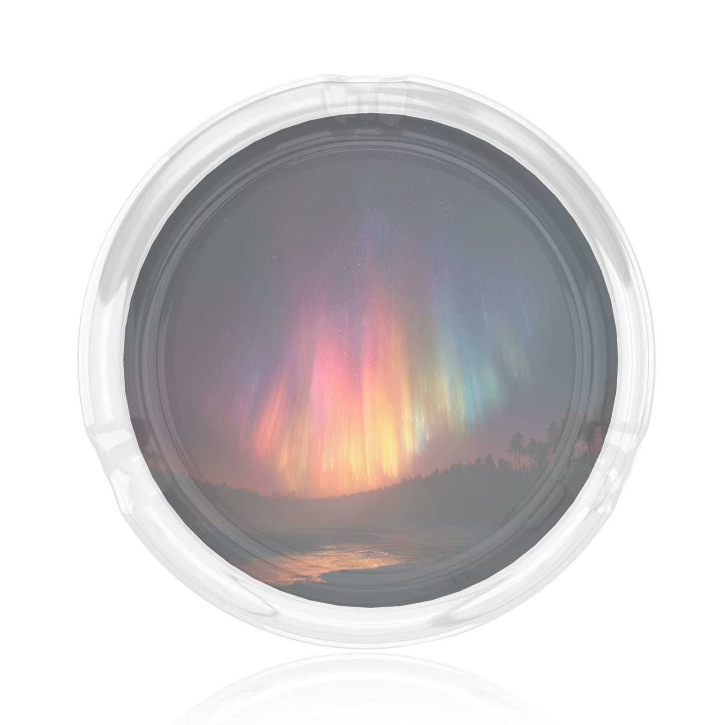Round Glass Ashtray with Aurora Night Scene|Clear Heat-Resistant Glass|3-Groove Design for Home and Office
