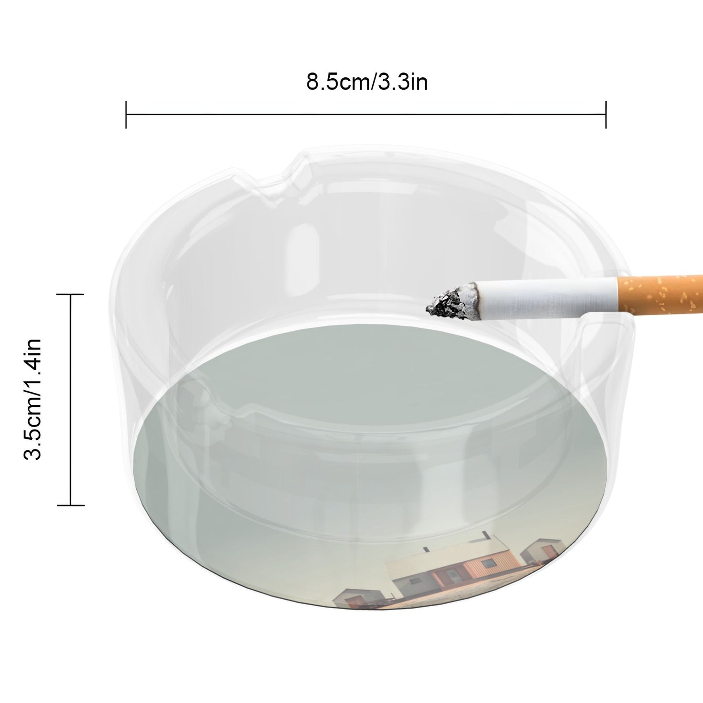 Minimalist Building Illustration Round Glass Ashtray|Clear Heat-Resistant Glass with 3 Cigarette Grooves|Home & Office Decorative Ashtray