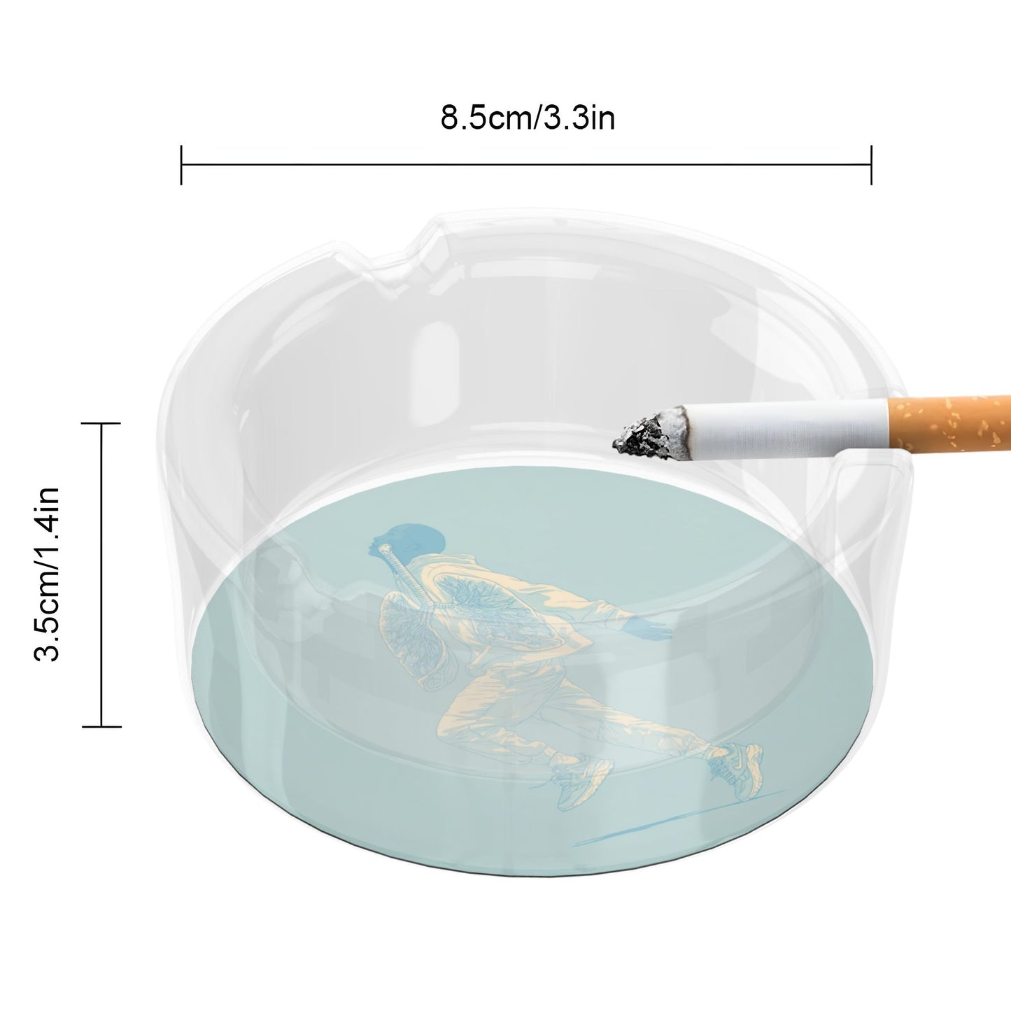 Round Glass Ashtray with Motion Illustration|Clear Heat-Resistant Glass with 3 Grooves|Trendy Decorative Ashtray for Home or Office