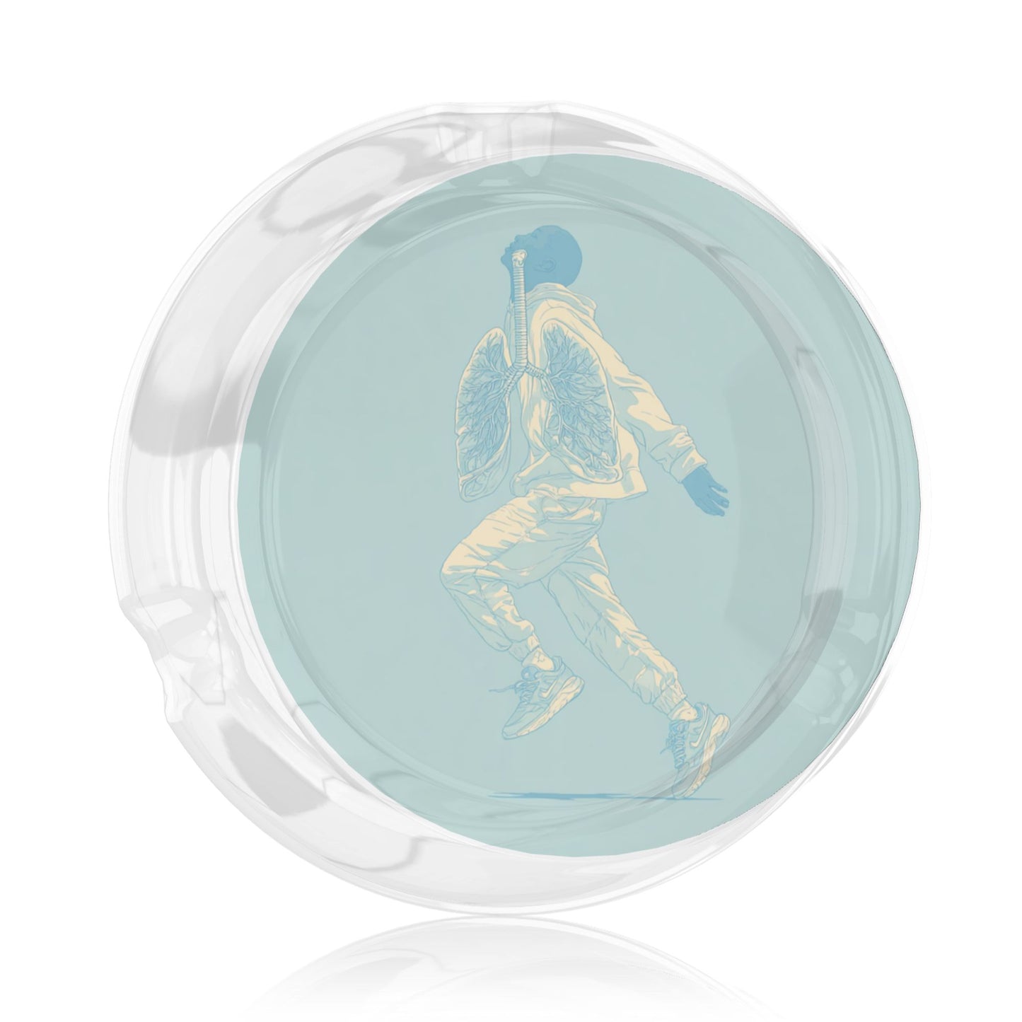 Round Glass Ashtray with Motion Illustration|Clear Heat-Resistant Glass with 3 Grooves|Trendy Decorative Ashtray for Home or Office
