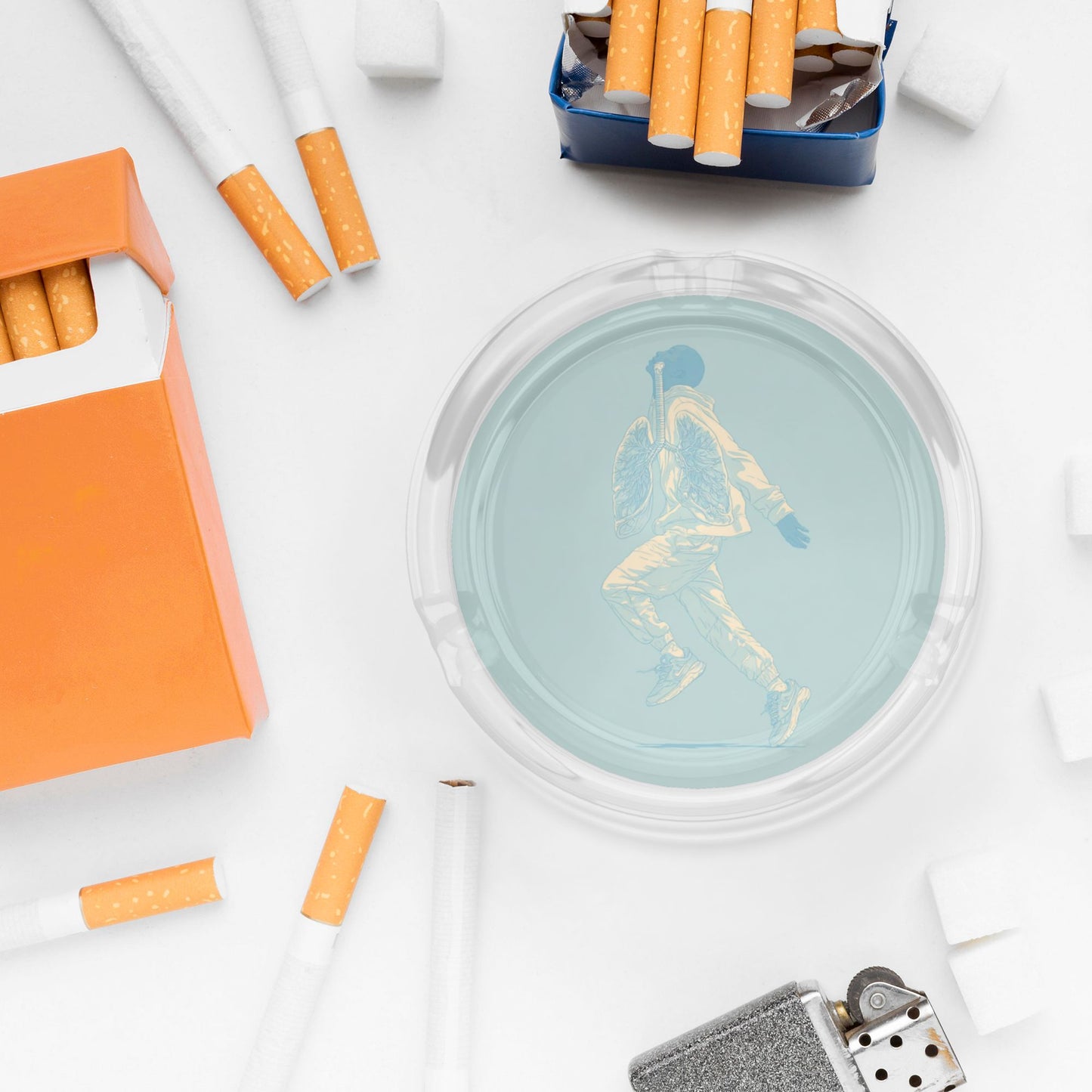 Round Glass Ashtray with Motion Illustration|Clear Heat-Resistant Glass with 3 Grooves|Trendy Decorative Ashtray for Home or Office