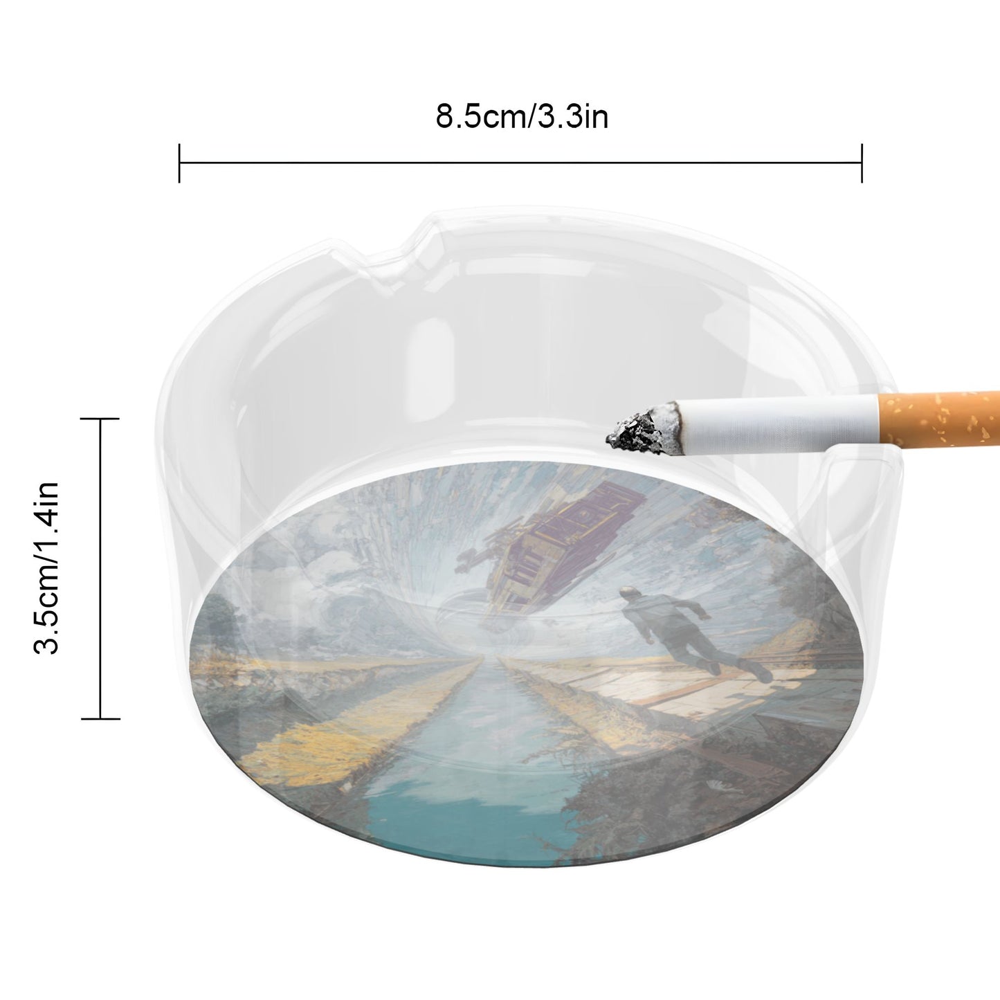 Sci-Fi Train Escape Glass Ashtray|Round Clear Heat-Resistant Glass with HD Illustration|3-Groove Design for Home or Office Decor
