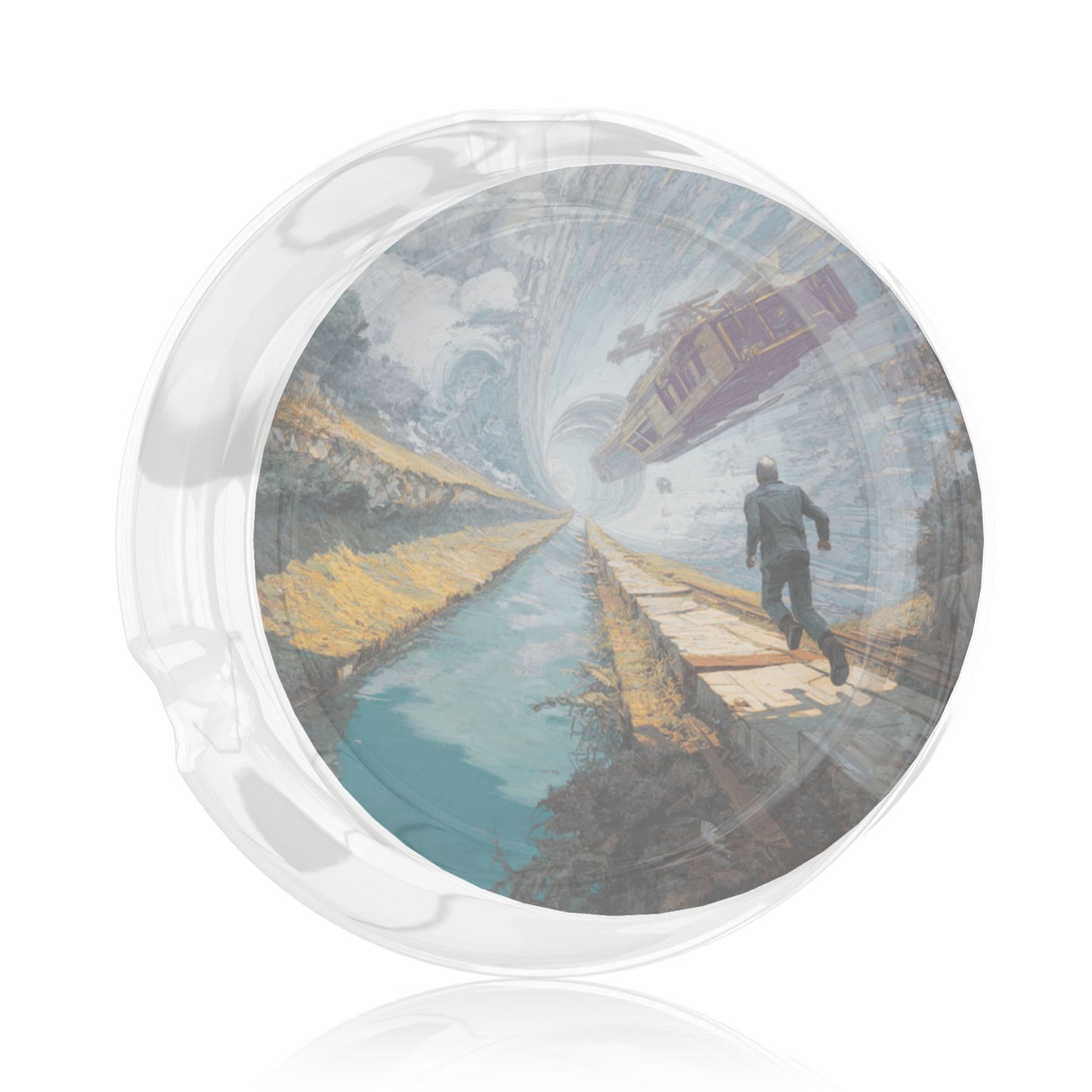 Sci-Fi Train Escape Glass Ashtray|Round Clear Heat-Resistant Glass with HD Illustration|3-Groove Design for Home or Office Decor