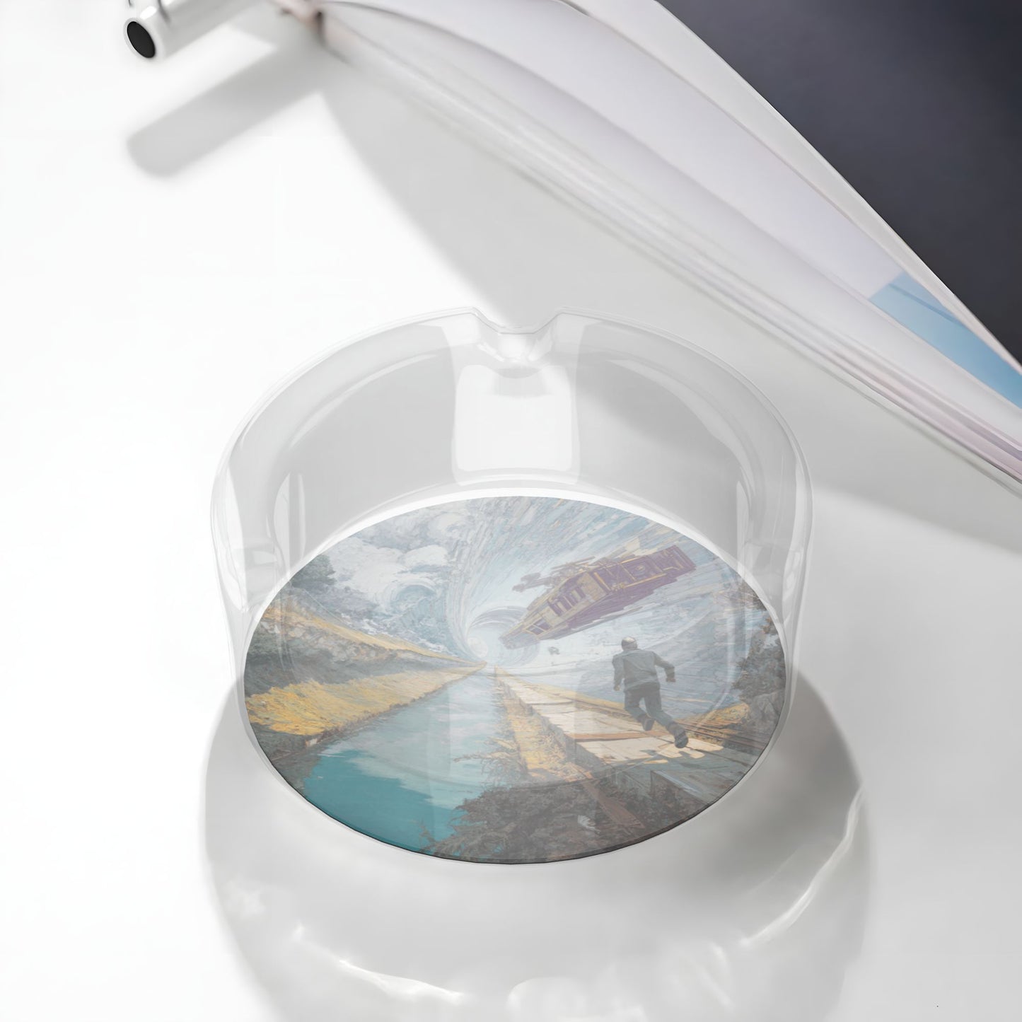 Sci-Fi Train Escape Glass Ashtray|Round Clear Heat-Resistant Glass with HD Illustration|3-Groove Design for Home or Office Decor