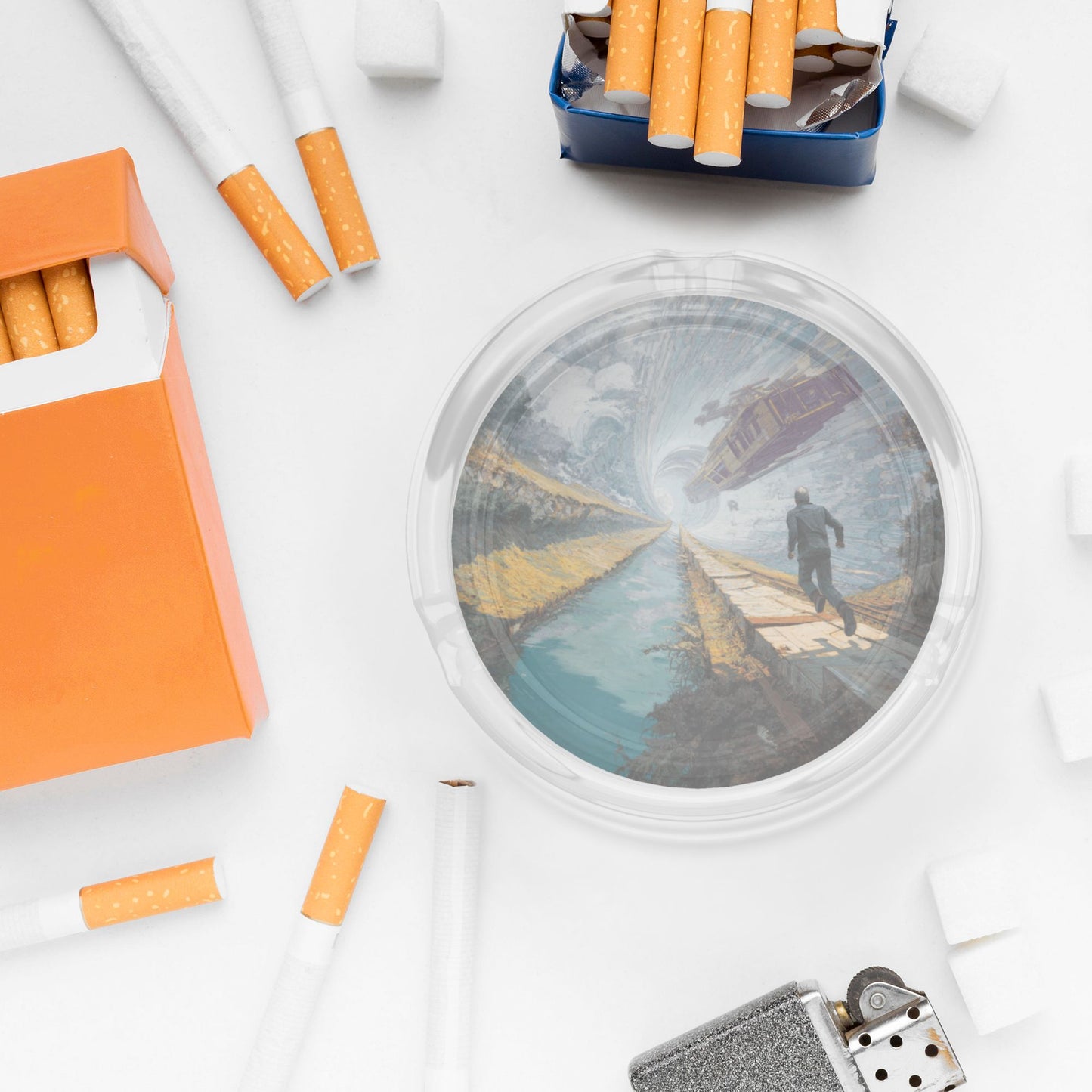 Sci-Fi Train Escape Glass Ashtray|Round Clear Heat-Resistant Glass with HD Illustration|3-Groove Design for Home or Office Decor