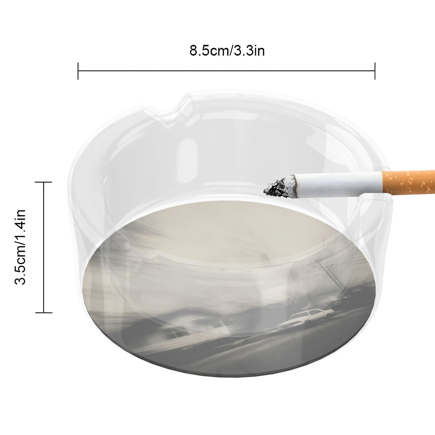 Vintage Street Scene Photography Glass Ashtray|Round Clear Heat-Resistant Glass with 3 Grooves|Artistic Ashtray for Home or Office Use
