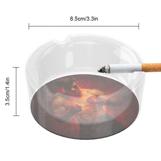 Fighter-In-Flames Art Glass Ashtray|Round Clear Heat-Resistant Glass with 3 Grooves|Bold Gym-Themed Ashtray for Home or Office