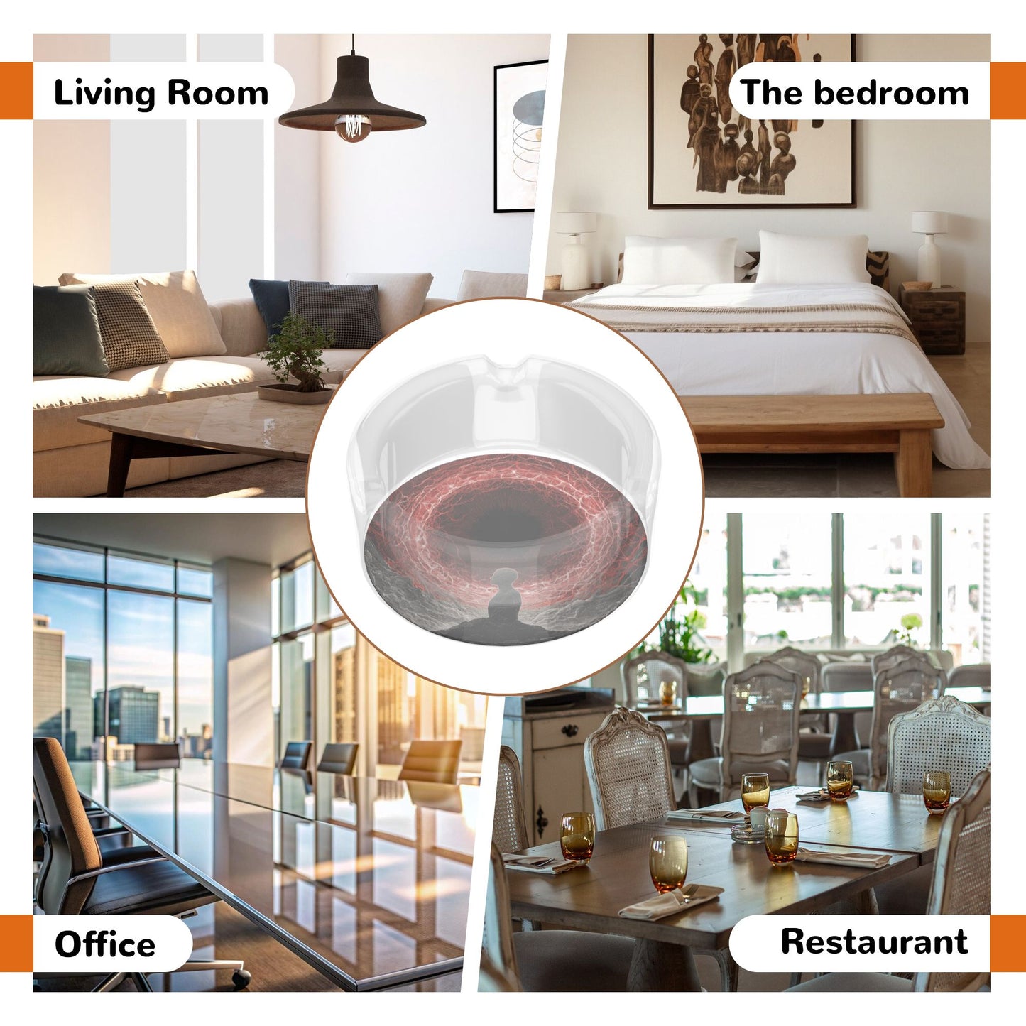 Meditation & Red Energy Eye Illustration Glass Ashtray|Round Heat-Resistant Clear Glass with HD Print|3-Groove Ashtray for Home, Office, or Art Space