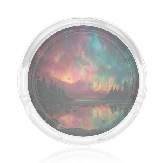 Aurora-Themed Round Glass Ashtray｜Heat-Resistant Transparent Glass with Cigarette Grooves｜Decorative & Functional for Home and Office