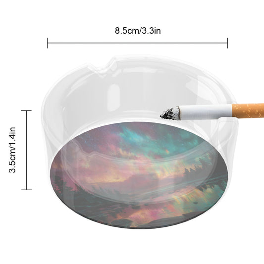 Aurora-Themed Round Glass Ashtray｜Heat-Resistant Transparent Glass with Cigarette Grooves｜Decorative & Functional for Home and Office