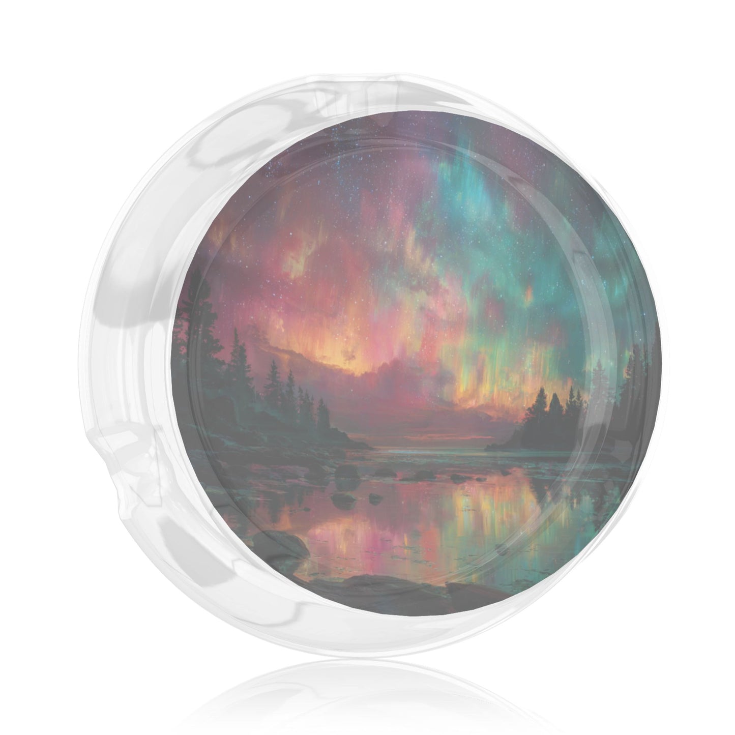 Aurora-Themed Round Glass Ashtray｜Heat-Resistant Transparent Glass with Cigarette Grooves｜Decorative & Functional for Home and Office