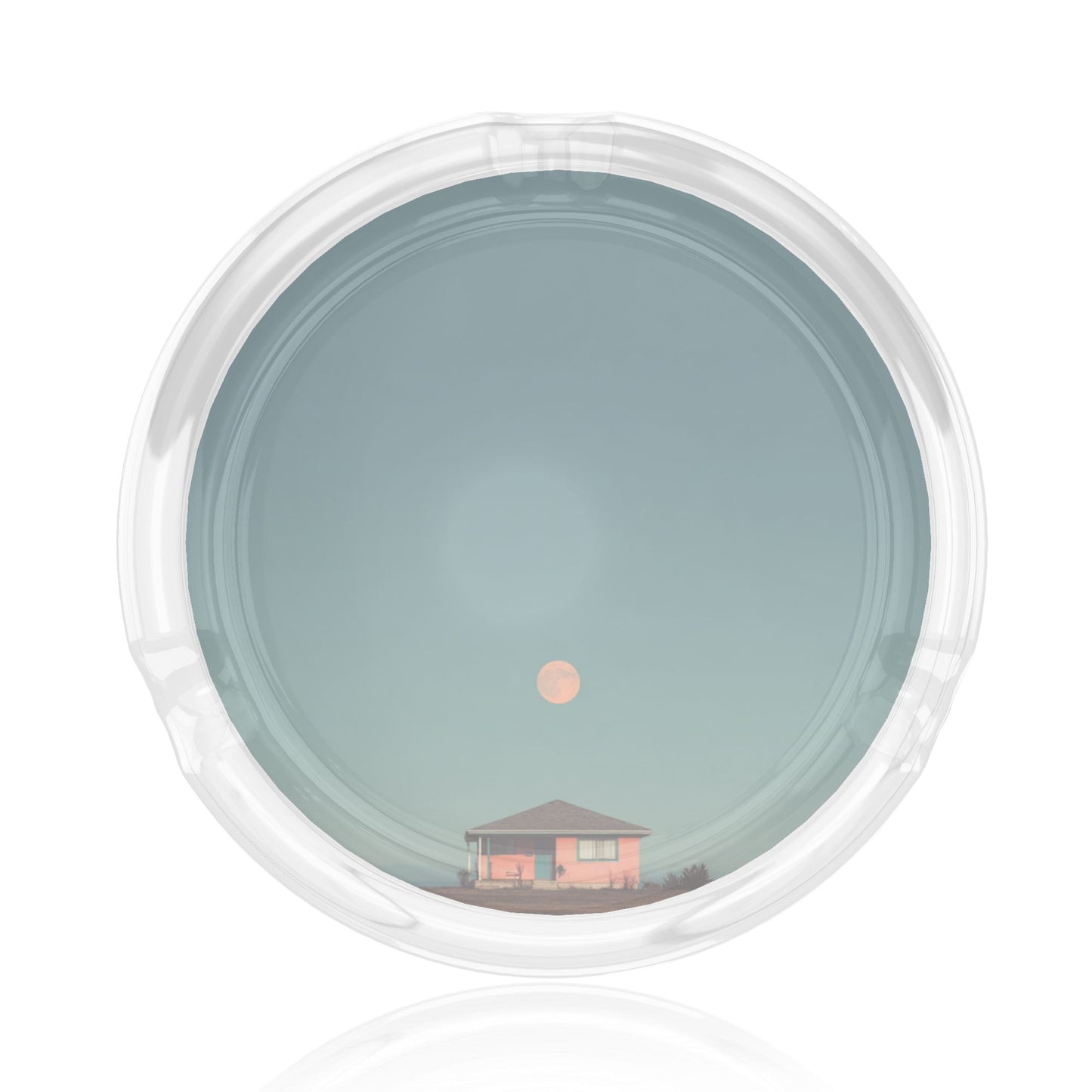 Round Glass Ashtray with Moonlight Illustration｜Heat-Resistant Clear Glass｜3-Groove Decorative Ashtray for Home or Office Use
