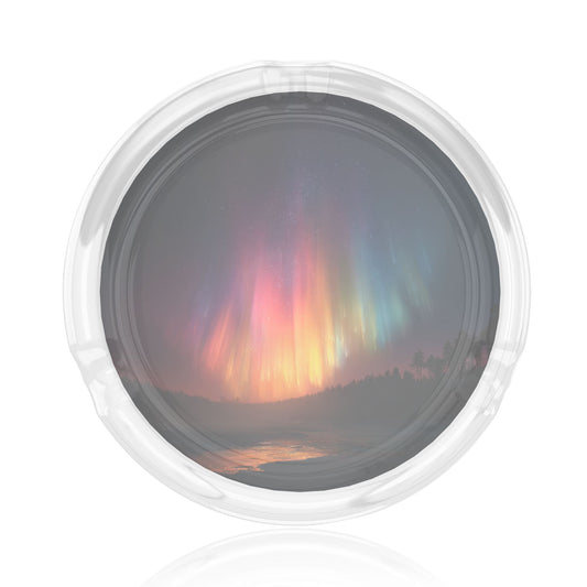 Round Glass Ashtray with Aurora Night Scene｜Clear Heat-Resistant Glass｜3-Groove Design for Home and Office