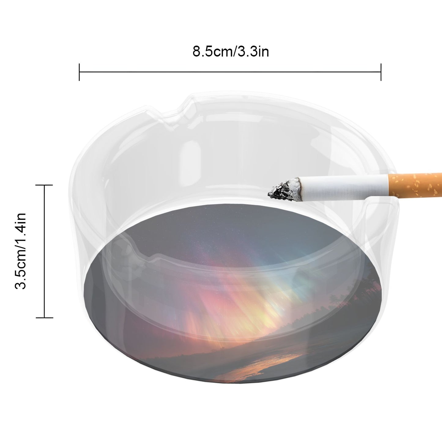 Round Glass Ashtray with Aurora Night Scene｜Clear Heat-Resistant Glass｜3-Groove Design for Home and Office