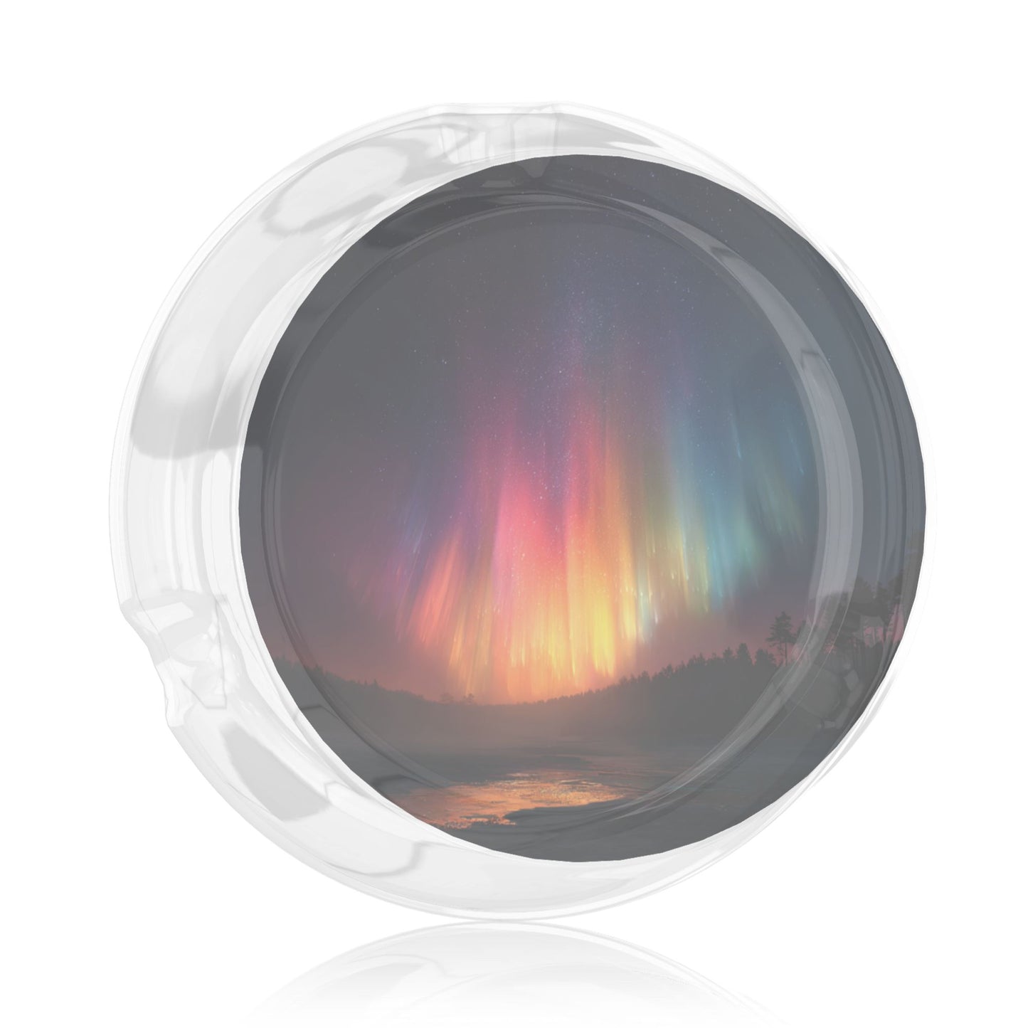 Round Glass Ashtray with Aurora Night Scene｜Clear Heat-Resistant Glass｜3-Groove Design for Home and Office