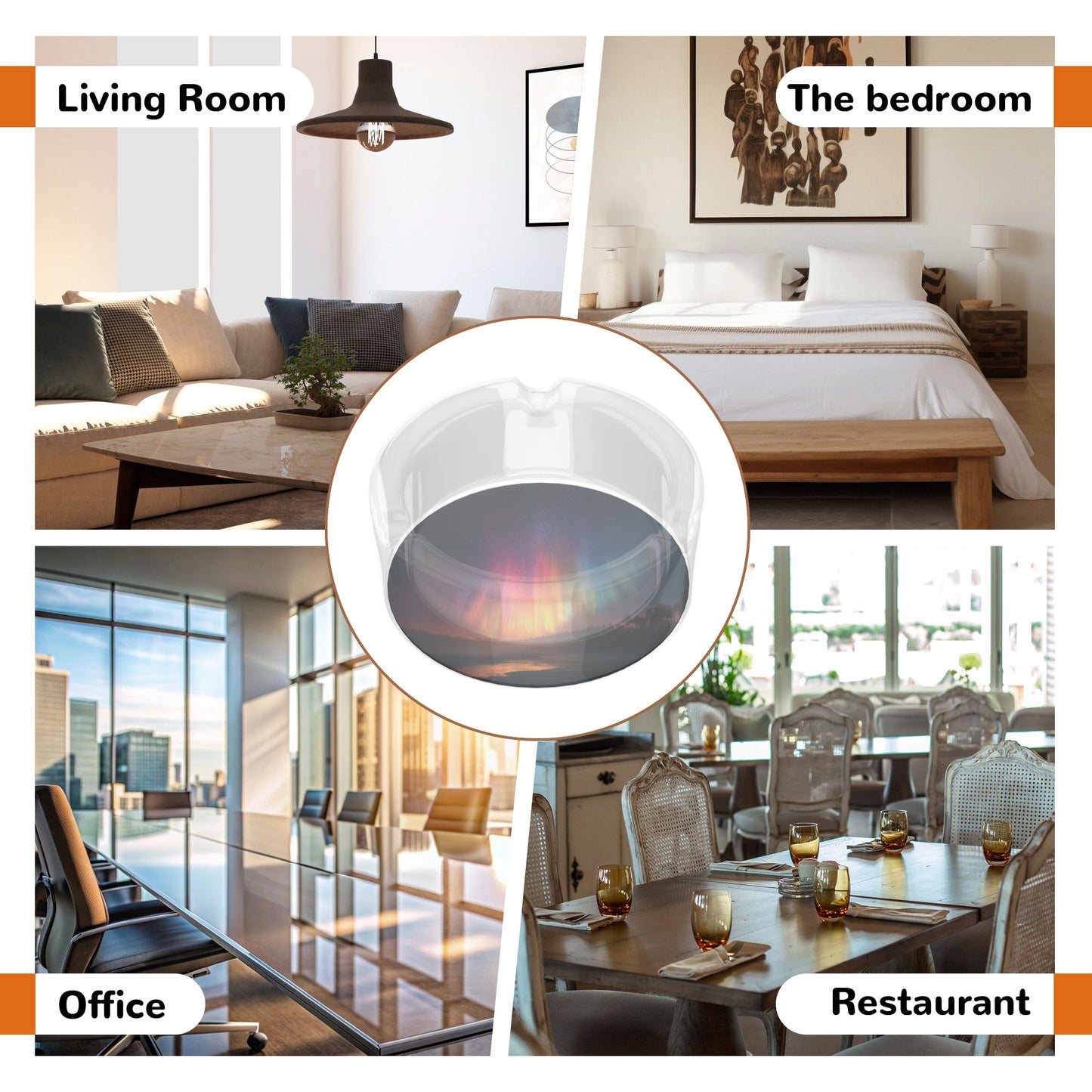 Round Glass Ashtray with Aurora Night Scene｜Clear Heat-Resistant Glass｜3-Groove Design for Home and Office