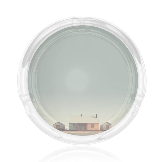 Minimalist Building Illustration Round Glass Ashtray｜Clear Heat-Resistant Glass with 3 Cigarette Grooves｜Home & Office Decorative Ashtray