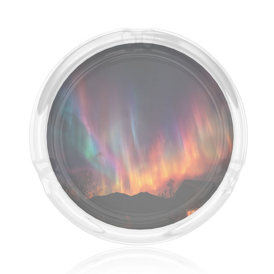 Aurora Night & Cabin Silhouette Glass Ashtray｜Round Clear Glass with 3 Grooves｜Heat-Resistant Decorative Ashtray for Home or Office