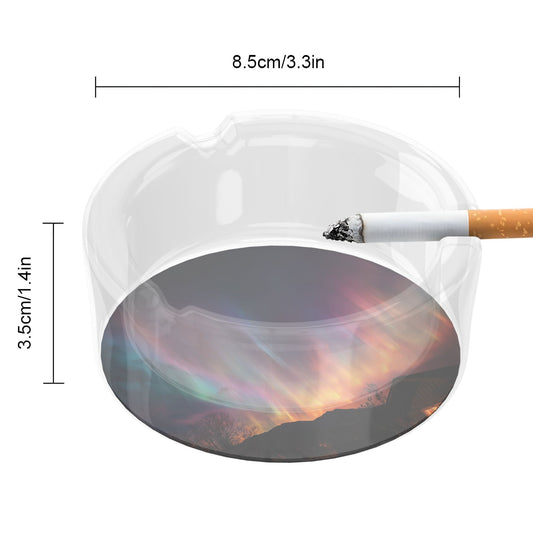 Aurora Night & Cabin Silhouette Glass Ashtray｜Round Clear Glass with 3 Grooves｜Heat-Resistant Decorative Ashtray for Home or Office