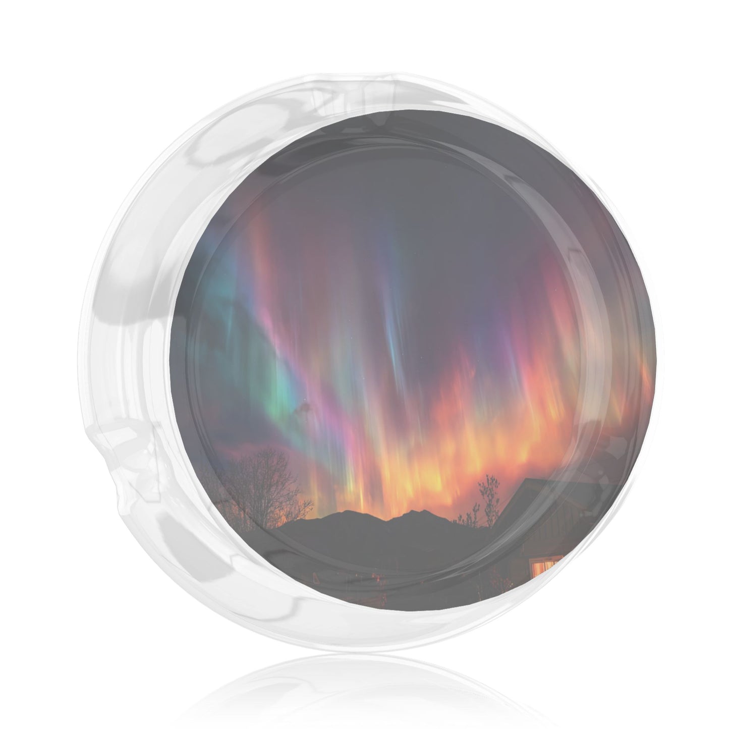 Aurora Night & Cabin Silhouette Glass Ashtray｜Round Clear Glass with 3 Grooves｜Heat-Resistant Decorative Ashtray for Home or Office