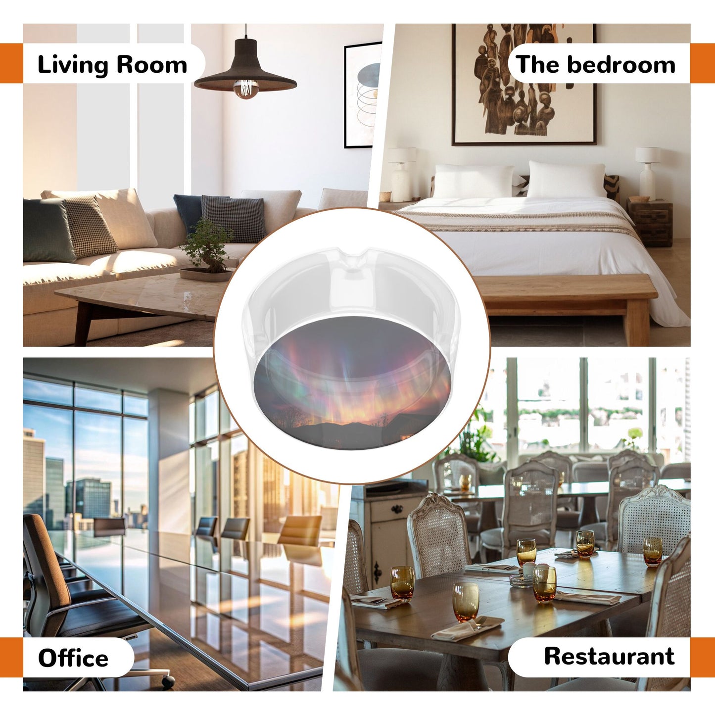 Aurora Night & Cabin Silhouette Glass Ashtray｜Round Clear Glass with 3 Grooves｜Heat-Resistant Decorative Ashtray for Home or Office
