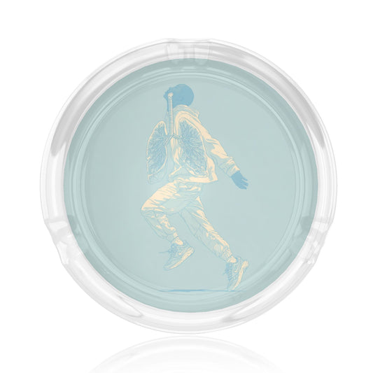 Round Glass Ashtray with Motion Illustration｜Clear Heat-Resistant Glass with 3 Grooves｜Trendy Decorative Ashtray for Home or Office