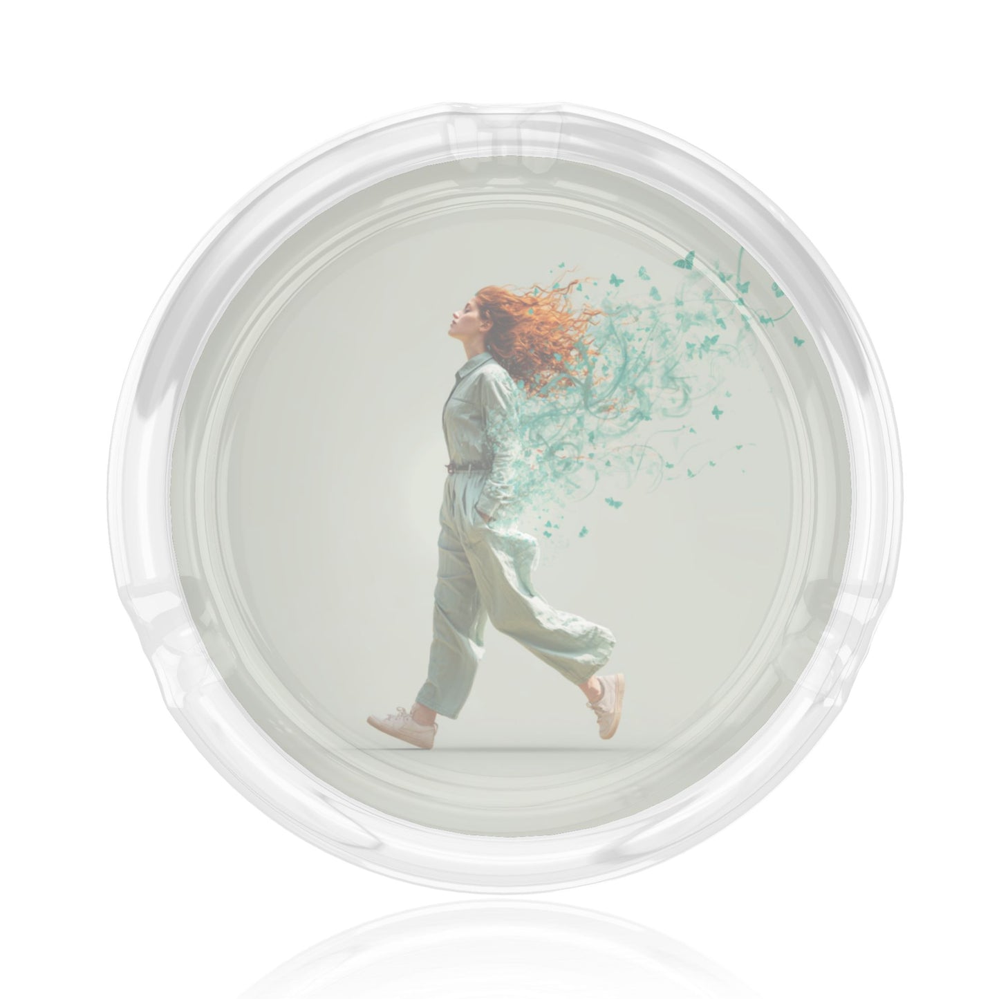 Dreamy Butterfly Woman Illustration Glass Ashtray｜Round Clear Glass with 3 Grooves｜Heat-Resistant Decorative Ashtray for Home or Office