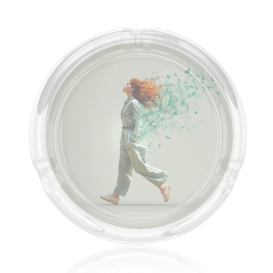 Dreamy Butterfly Woman Illustration Glass Ashtray｜Round Clear Glass with 3 Grooves｜Heat-Resistant Decorative Ashtray for Home or Office