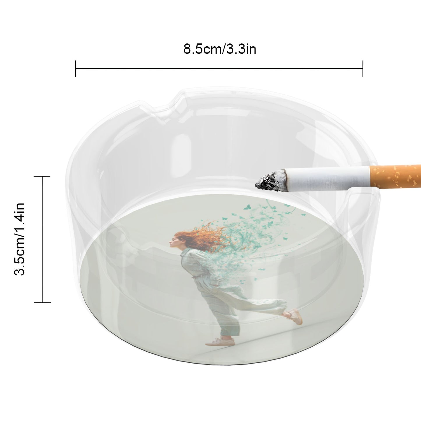 Dreamy Butterfly Woman Illustration Glass Ashtray｜Round Clear Glass with 3 Grooves｜Heat-Resistant Decorative Ashtray for Home or Office