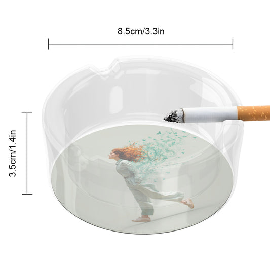 Dreamy Butterfly Woman Illustration Glass Ashtray｜Round Clear Glass with 3 Grooves｜Heat-Resistant Decorative Ashtray for Home or Office