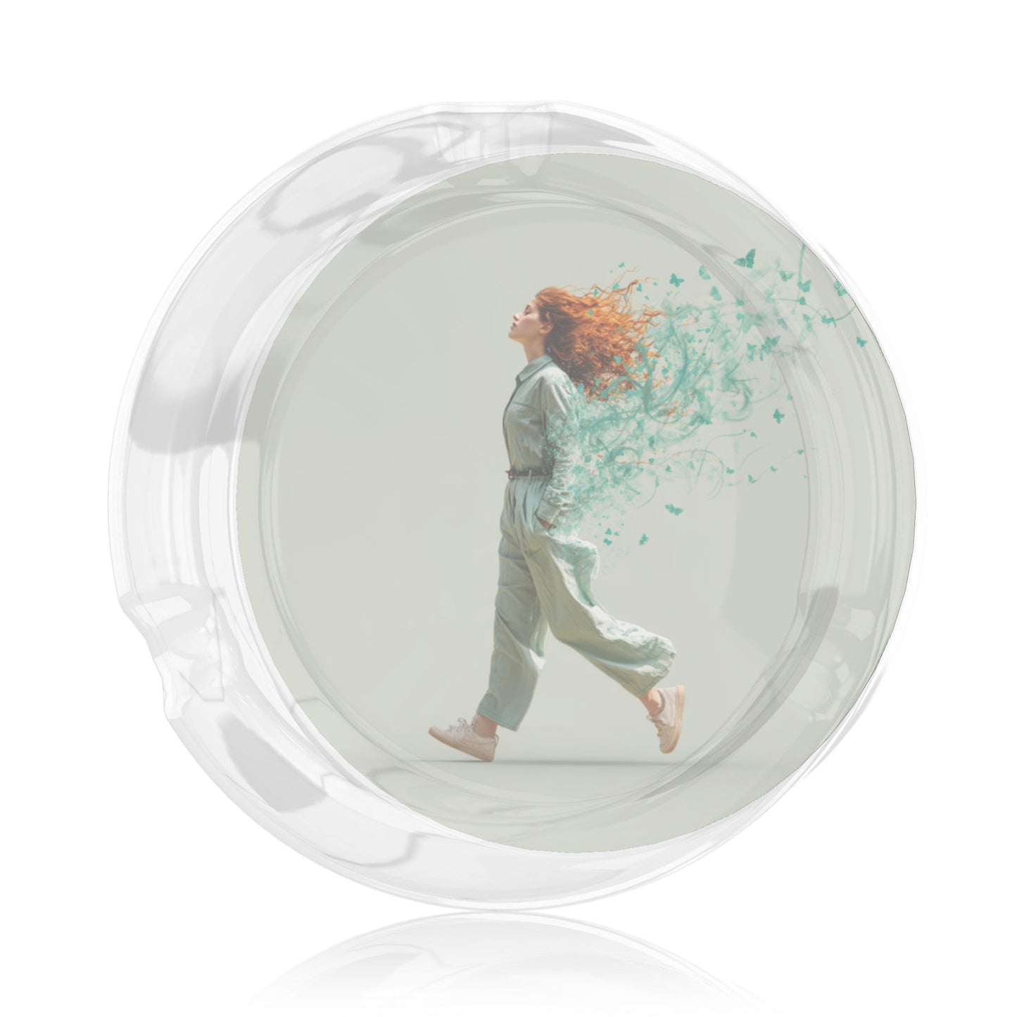 Dreamy Butterfly Woman Illustration Glass Ashtray｜Round Clear Glass with 3 Grooves｜Heat-Resistant Decorative Ashtray for Home or Office