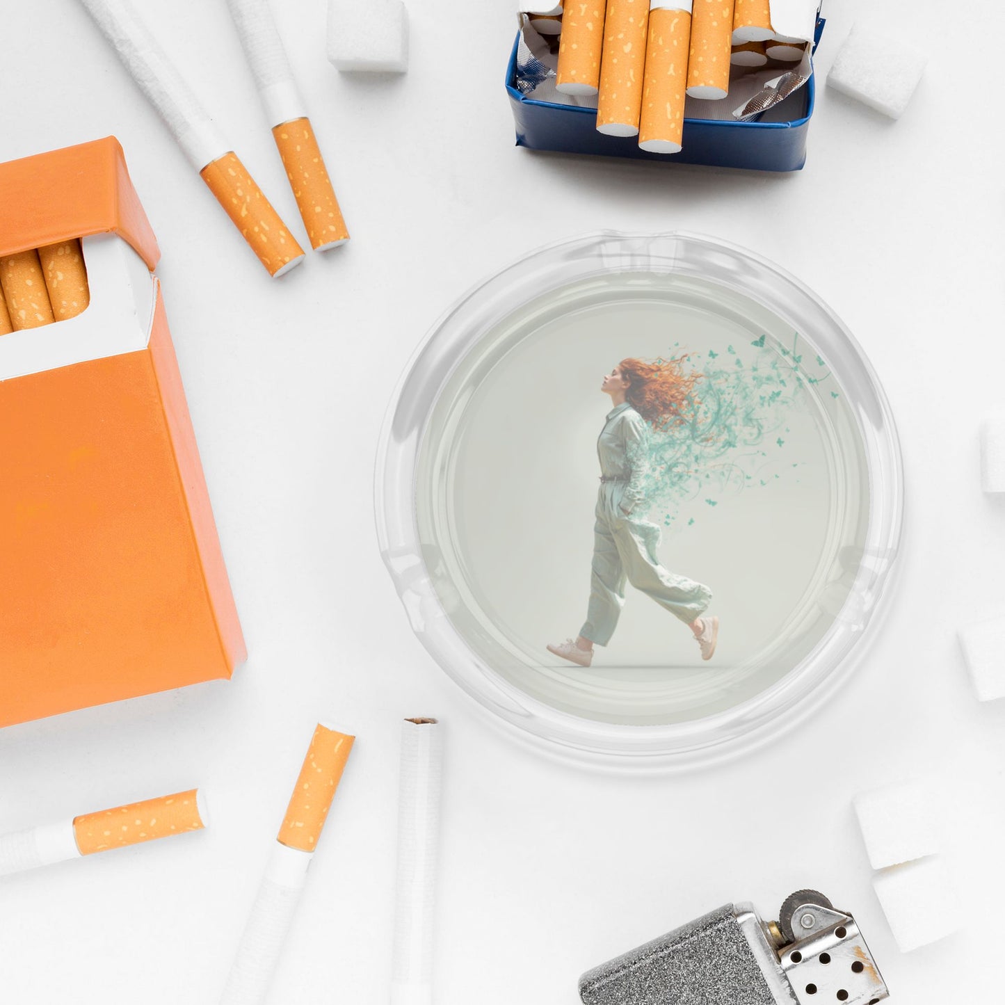 Dreamy Butterfly Woman Illustration Glass Ashtray｜Round Clear Glass with 3 Grooves｜Heat-Resistant Decorative Ashtray for Home or Office