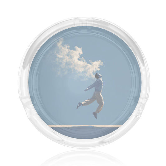 Jump and Cloud Motif Glass Ashtray｜Round Heat-Resistant Clear Glass with 3 Grooves｜Stylish Decorative Ashtray for Home or Office