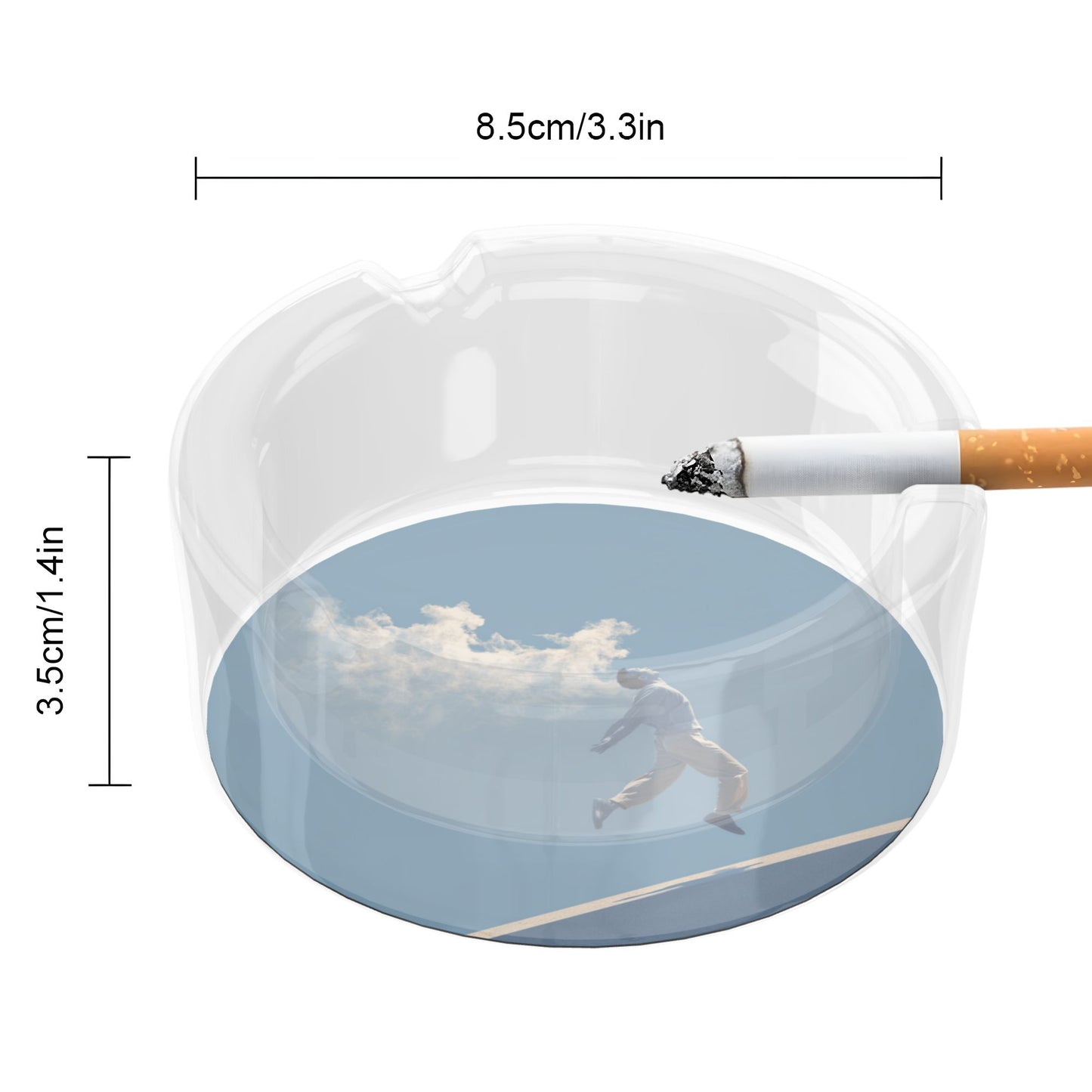 Jump and Cloud Motif Glass Ashtray｜Round Heat-Resistant Clear Glass with 3 Grooves｜Stylish Decorative Ashtray for Home or Office