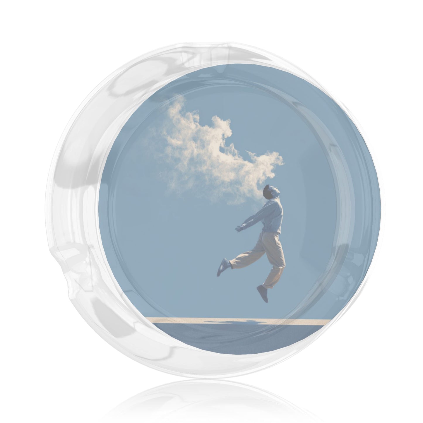 Jump and Cloud Motif Glass Ashtray｜Round Heat-Resistant Clear Glass with 3 Grooves｜Stylish Decorative Ashtray for Home or Office