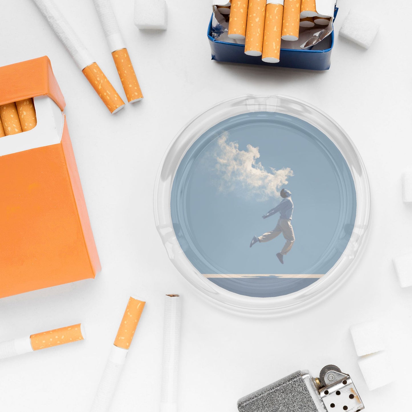 Jump and Cloud Motif Glass Ashtray｜Round Heat-Resistant Clear Glass with 3 Grooves｜Stylish Decorative Ashtray for Home or Office