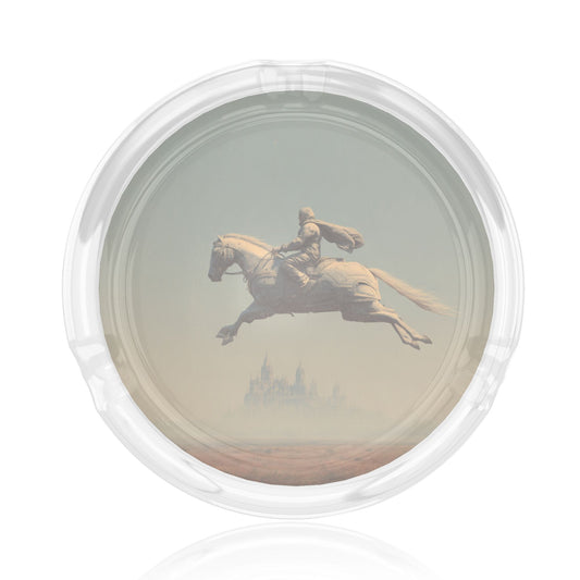 Galloping Knight Illustration Round Glass Ashtray｜Vintage-Style Heat-Resistant Clear Glass｜3-Groove Design for Home or Office Decor
