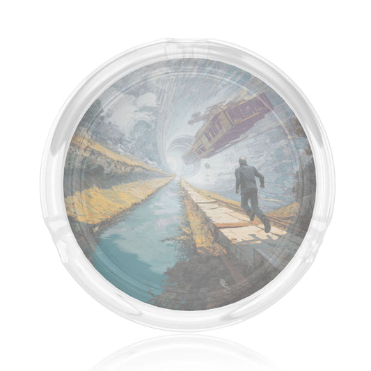 Sci-Fi Train Escape Glass Ashtray｜Round Clear Heat-Resistant Glass with HD Illustration｜3-Groove Design for Home or Office Decor