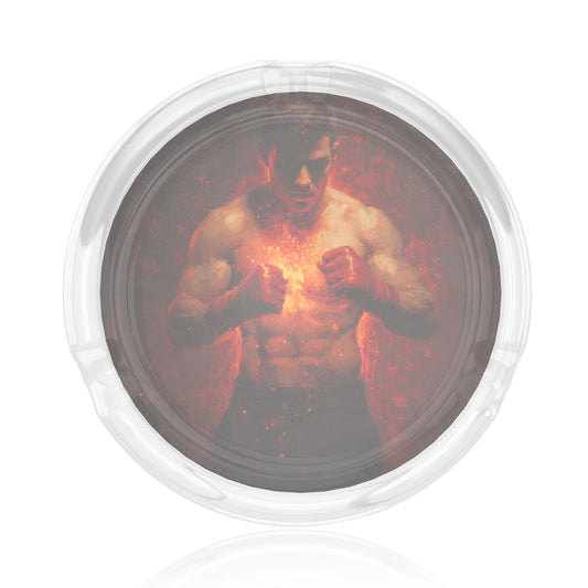 Fighter-In-Flames Art Glass Ashtray｜Round Clear Heat-Resistant Glass with 3 Grooves｜Bold Gym-Themed Ashtray for Home or Office