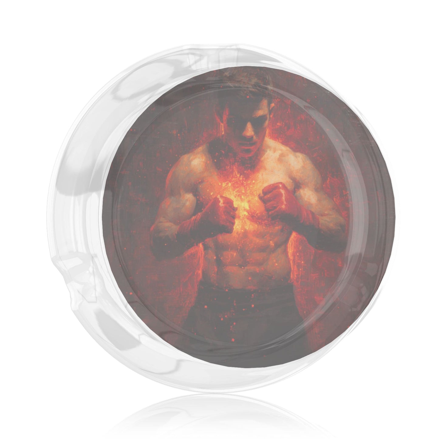 Fighter-In-Flames Art Glass Ashtray｜Round Clear Heat-Resistant Glass with 3 Grooves｜Bold Gym-Themed Ashtray for Home or Office