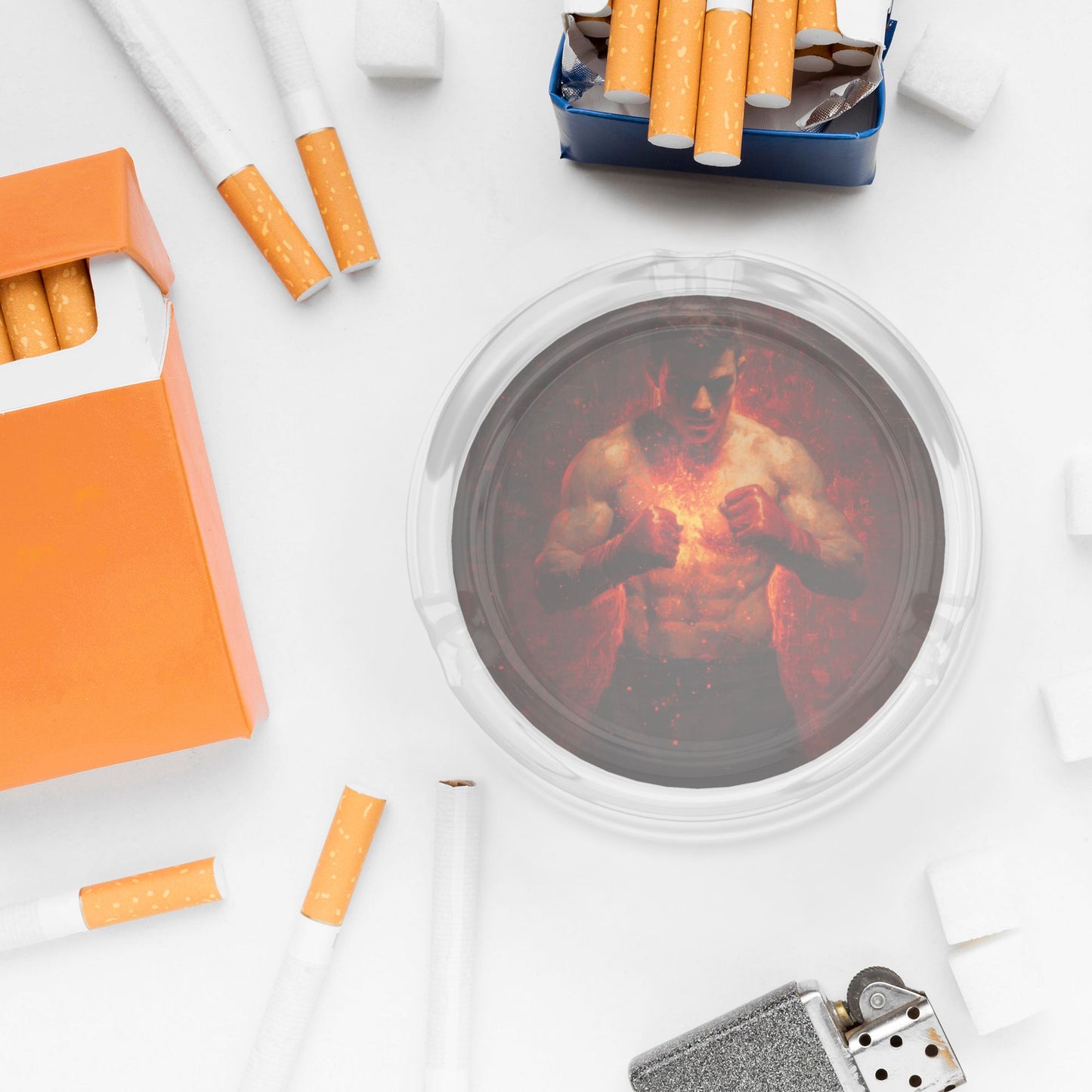 Fighter-In-Flames Art Glass Ashtray｜Round Clear Heat-Resistant Glass with 3 Grooves｜Bold Gym-Themed Ashtray for Home or Office