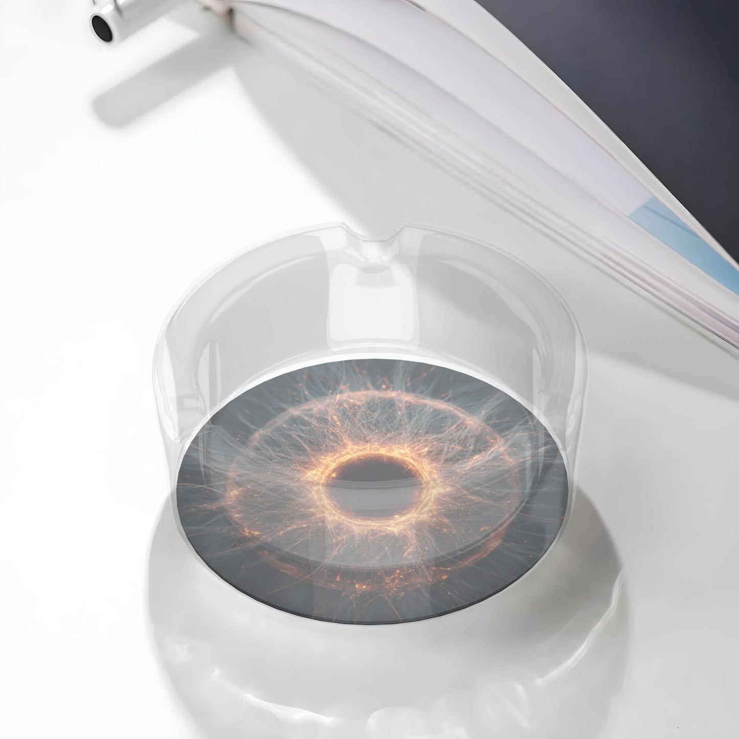 Galaxy Energy Burst Glass Ashtray｜Round Clear Heat-Resistant Glass with 3 Grooves｜Sci-Fi Decorative Tray for Home or Office