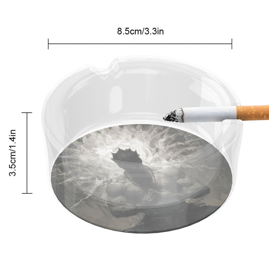 Black & White Energy Storm Glass Ashtray｜Round Clear Heat-Resistant Glass with HD Print｜3-Groove Artistic Ashtray for Home or Office