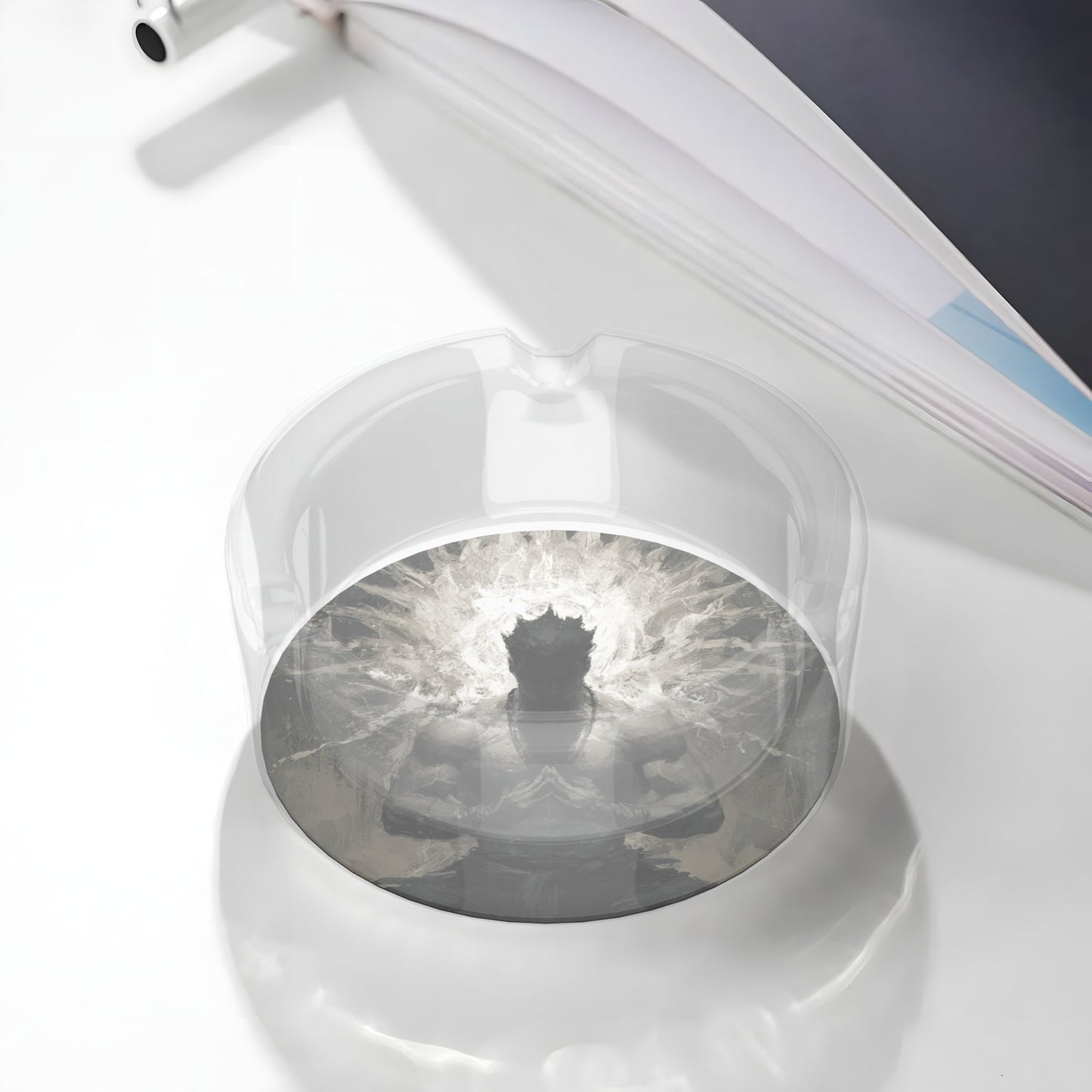Black & White Energy Storm Glass Ashtray｜Round Clear Heat-Resistant Glass with HD Print｜3-Groove Artistic Ashtray for Home or Office