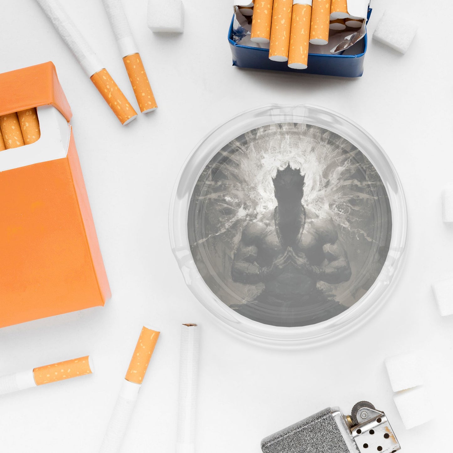 Black & White Energy Storm Glass Ashtray｜Round Clear Heat-Resistant Glass with HD Print｜3-Groove Artistic Ashtray for Home or Office