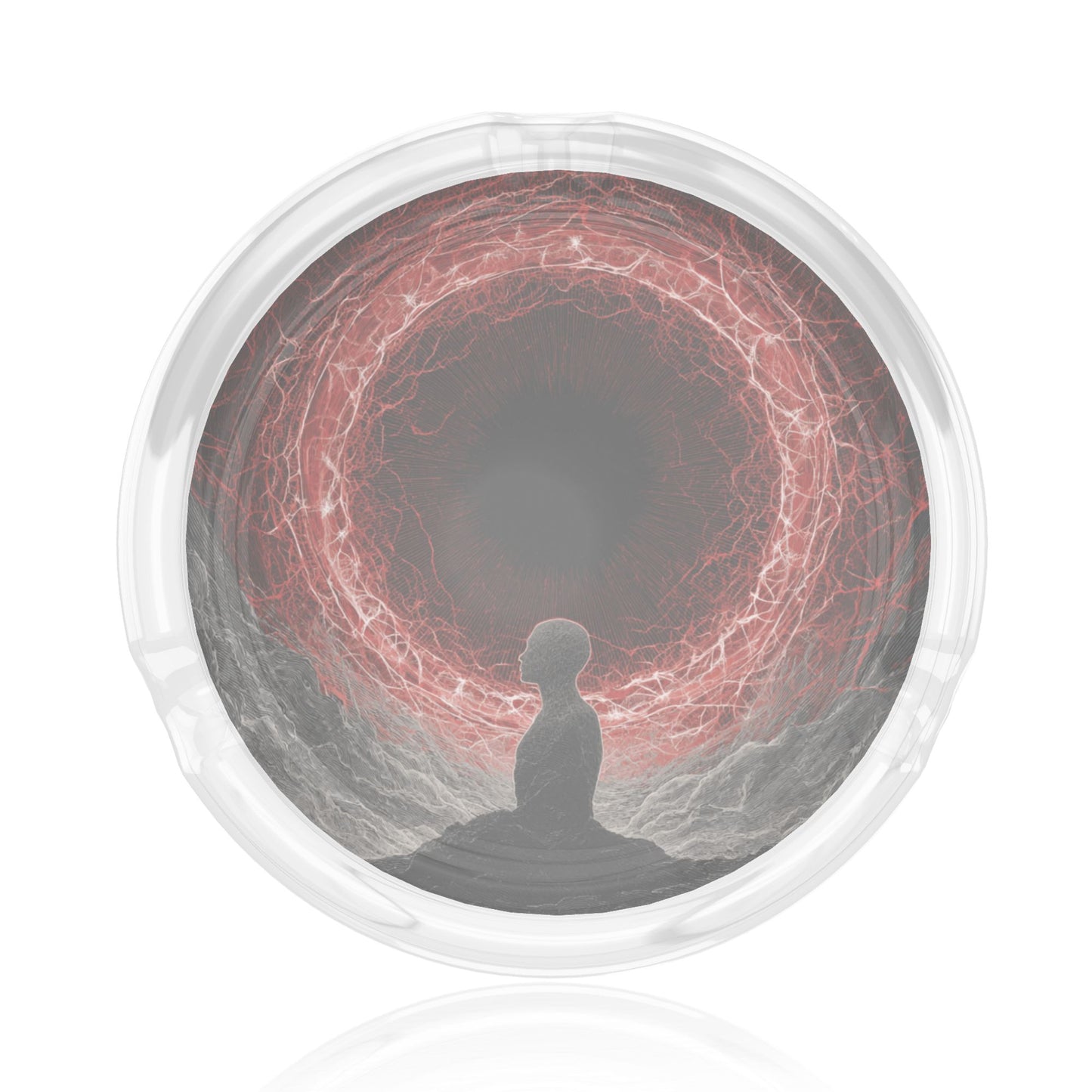 Meditation & Red Energy Eye Illustration Glass Ashtray｜Round Heat-Resistant Clear Glass with HD Print｜3-Groove Ashtray for Home, Office, or Art Space